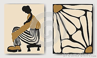 Diptych: girl and daisies. Vector illustration depicting a girl sitting on a chair and daisies in a square. Vector Illustration